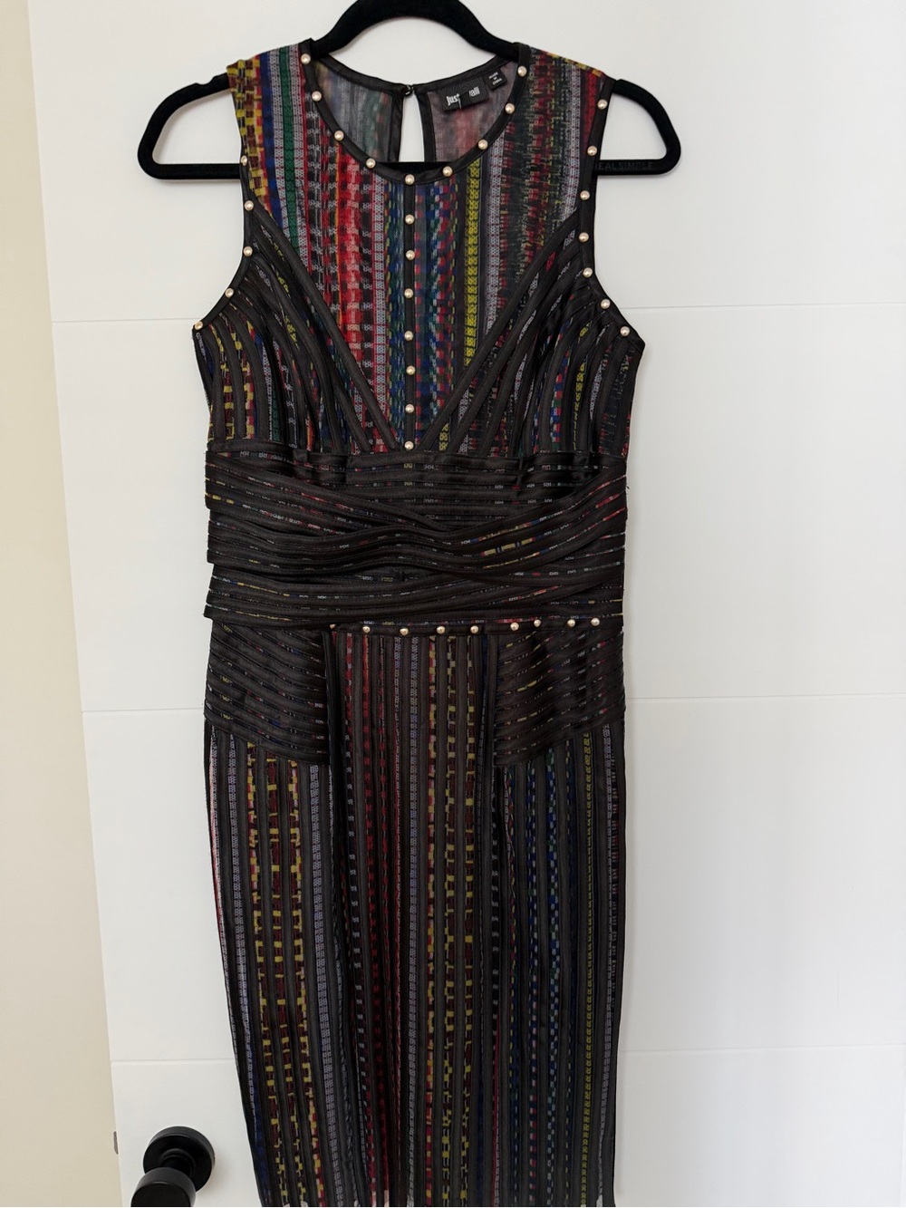 Just Cavalli Black Midi Sheath Dress with Multicolor Vertical Stripes